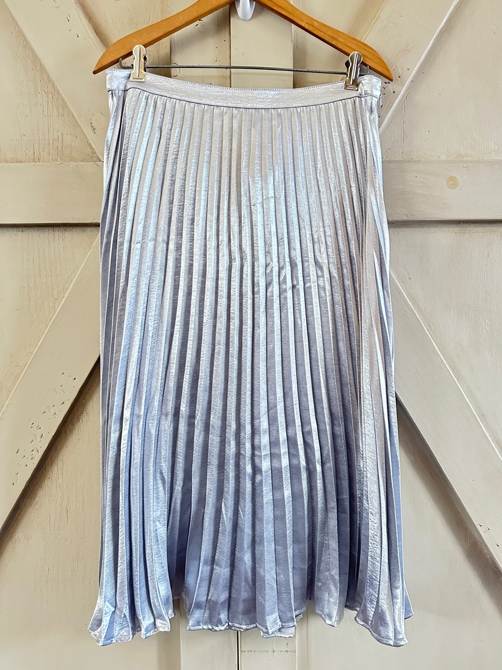DKNY Metallic Silver Pleated Midi Skirt Size 10